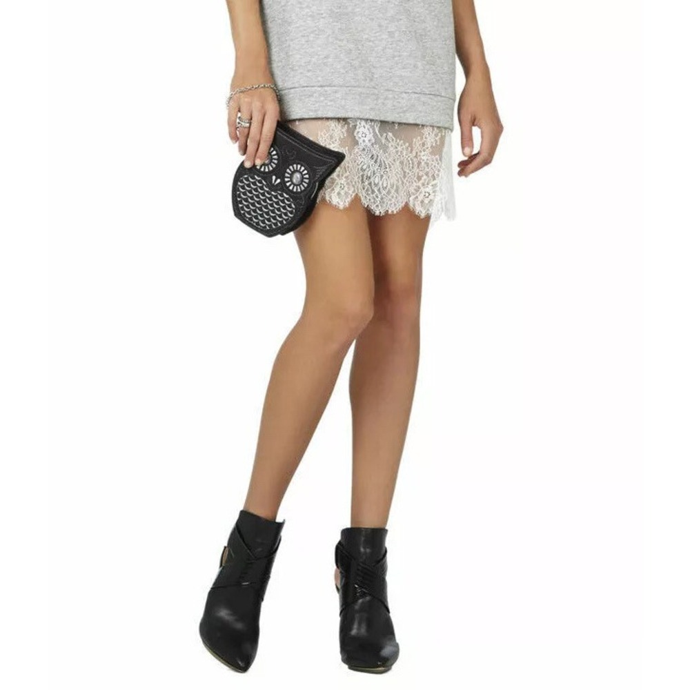 BCBG Max Azria Bag Womens Black Faux Leather Embroidered Owl Chain Zip Wristlet